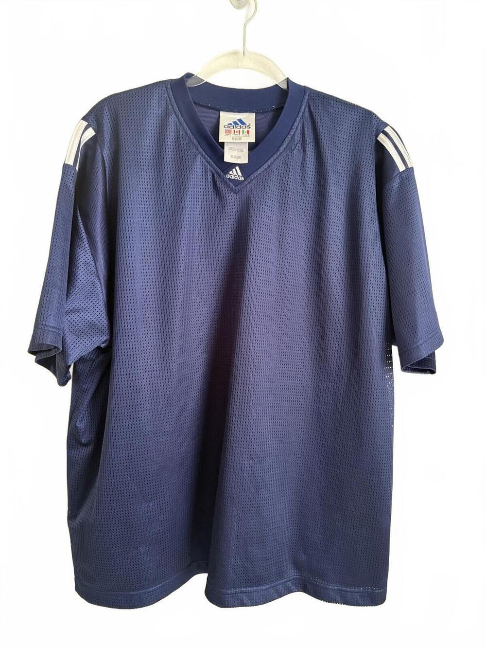 Adidas | Men’s Vintage‎ Navy Blue Mesh Soccer Jersey V Neck White Stripes Size L